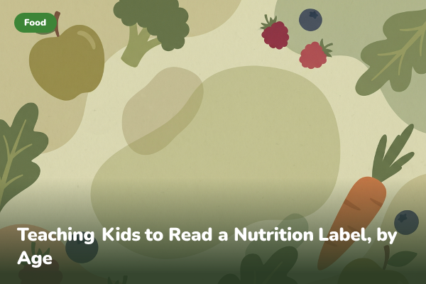 Illustrated banner of a child reading a nutrition facts label on a food package