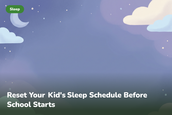 Illustrated banner of a clock and a sleeping child for resetting a kid's sleep schedule before school