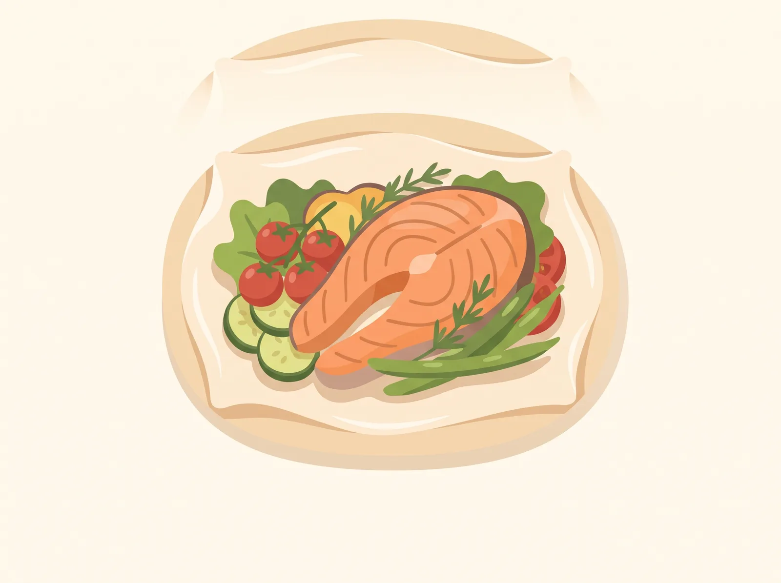 Illustrated baked salmon and veggie parchment parcels — a family-friendly dinner recipe