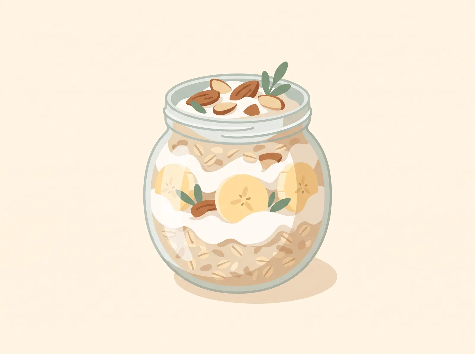 Illustrated banana almond overnight oats topped with sliced almonds — a family-friendly breakfast recipe