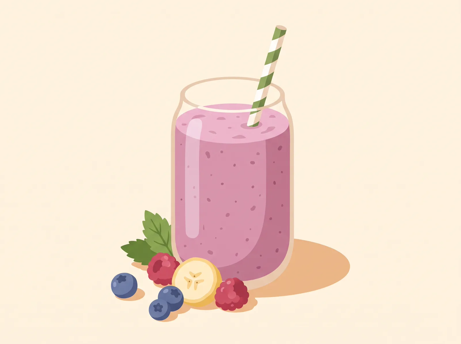 Illustrated banana berry smoothie in a glass with a striped straw — a family-friendly snack recipe
