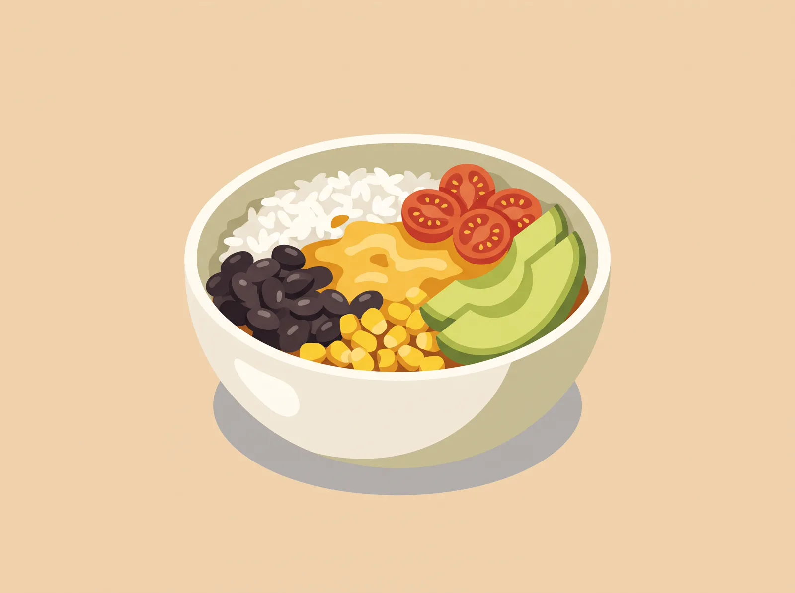 Illustrated black bean and cheese burrito bowl with rice, corn, and avocado — a family-friendly lunch recipe