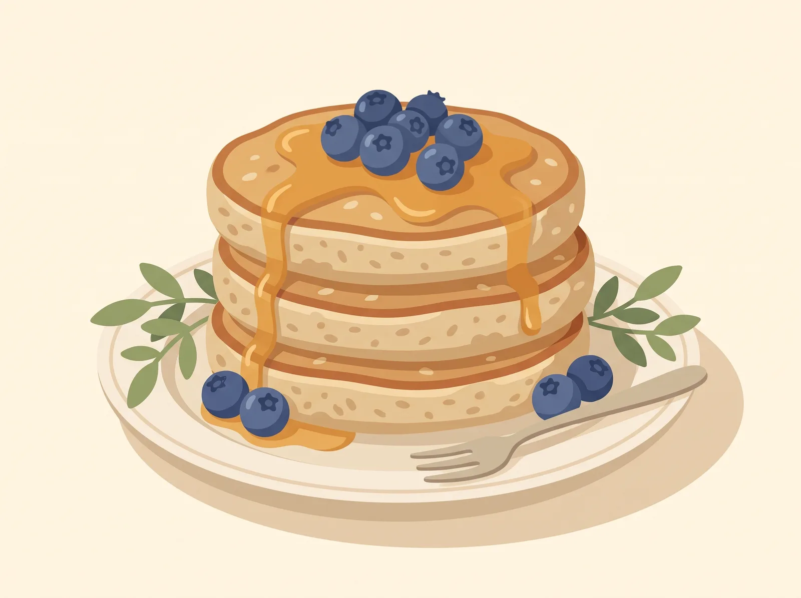 Illustrated blueberry oat pancakes stacked with a drizzle of maple syrup — a family-friendly breakfast recipe
