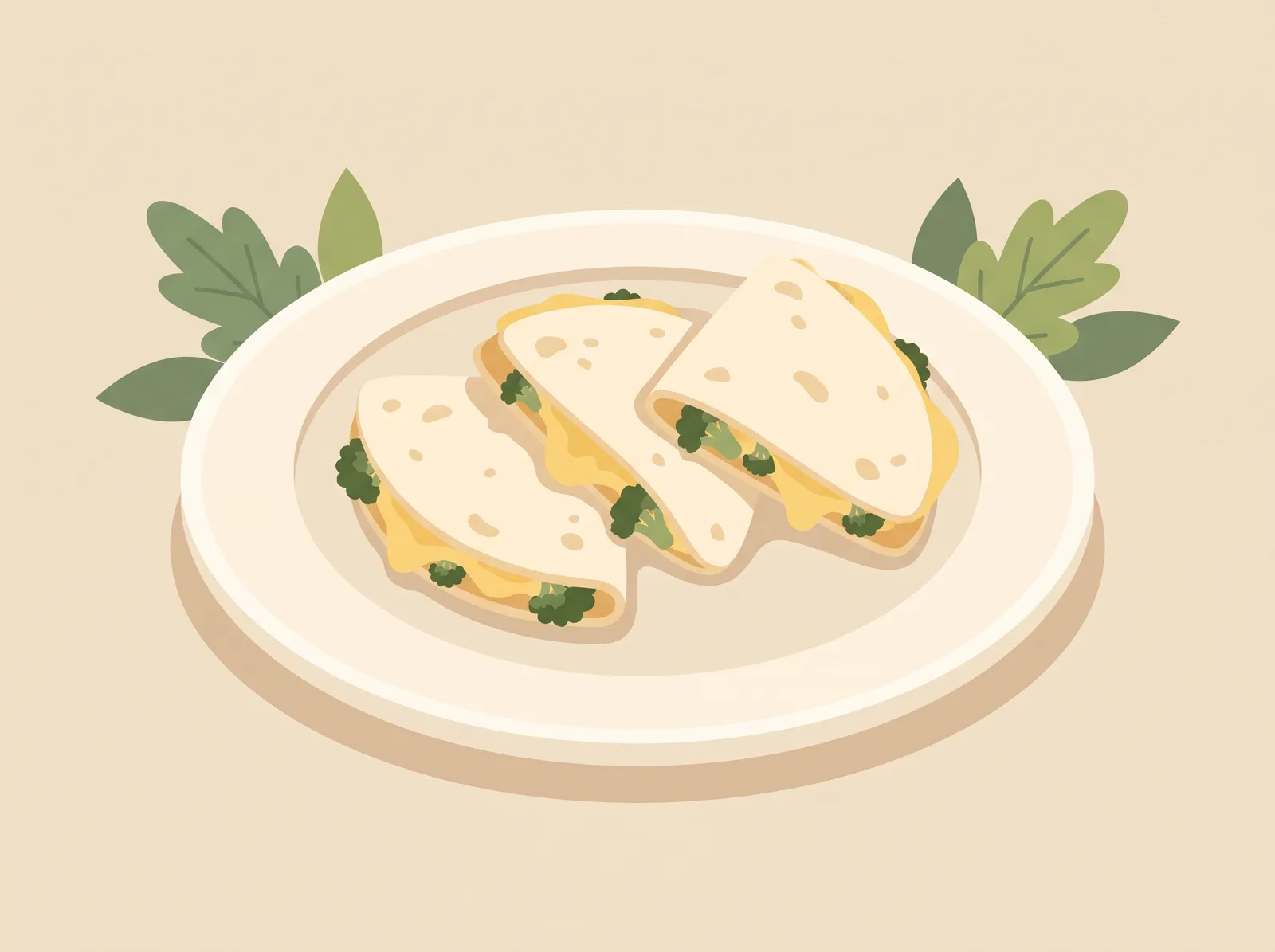 Illustrated cheesy broccoli quesadilla sliced into wedges — a family-friendly lunch recipe