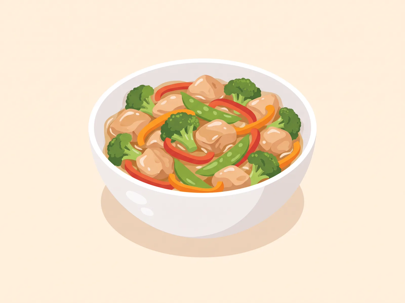 Illustrated chicken veggie stir-fry with broccoli and bell pepper over rice — a family-friendly dinner recipe