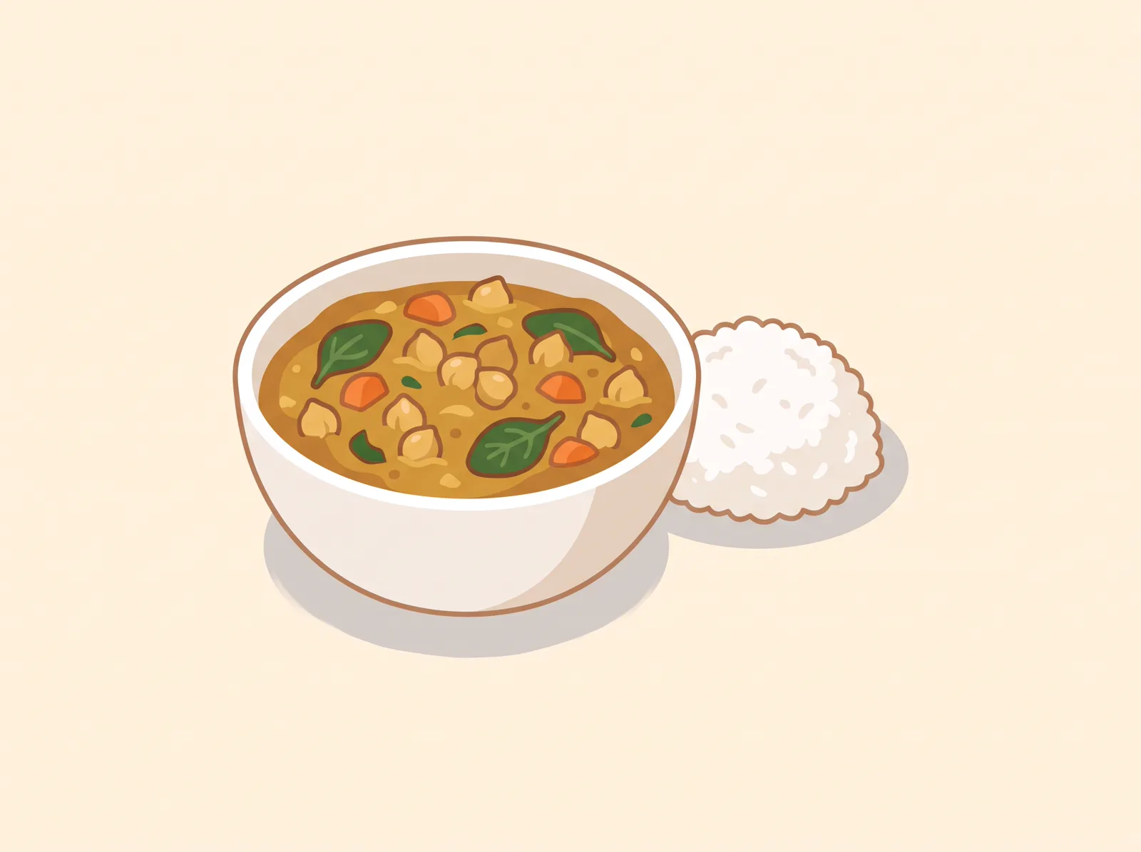 Illustrated chickpea veggie curry with carrots and spinach over rice — a family-friendly vegan dinner recipe