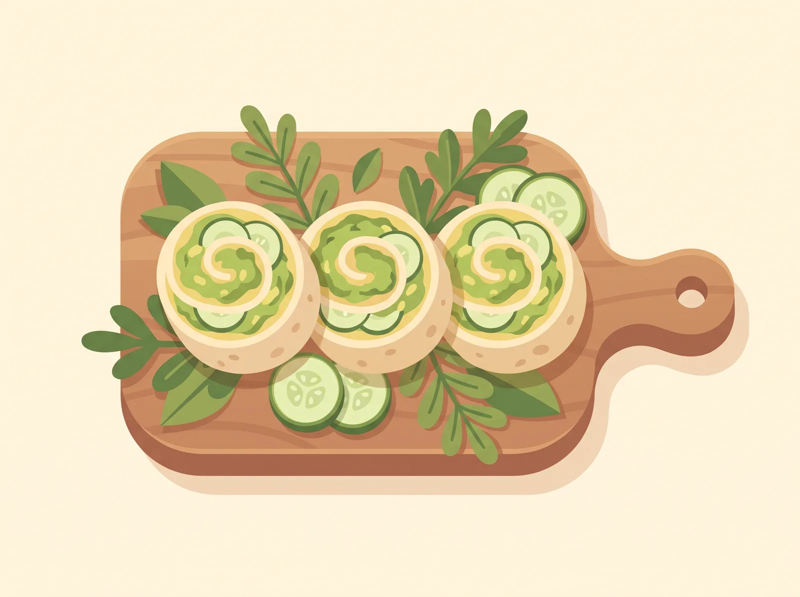 Illustrated cucumber avocado rollups sliced into pinwheels — a family-friendly snack recipe
