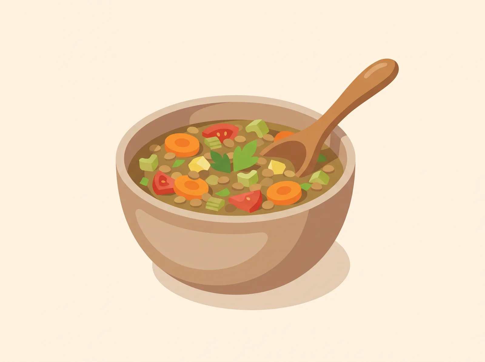 Illustrated lentil veggie soup with carrots and celery in a bowl — a family-friendly lunch recipe