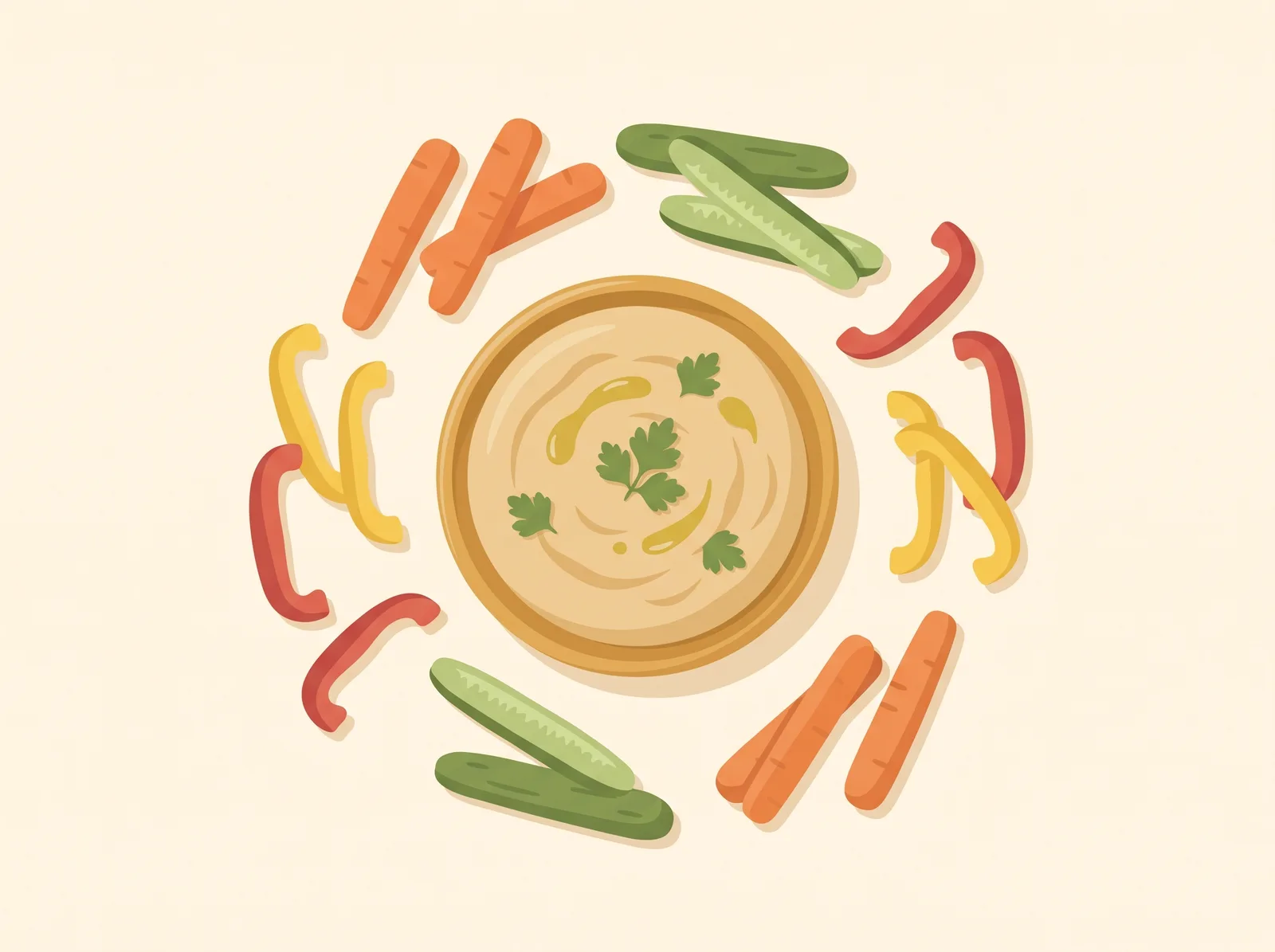 Illustrated rainbow hummus with colorful carrot, cucumber, and pepper dippers — a family-friendly snack recipe