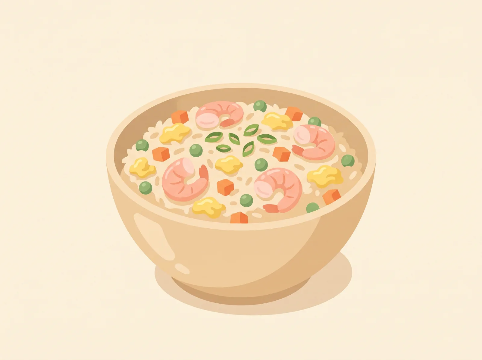 Illustrated shrimp fried rice with peas and green onion — a family-friendly dinner recipe