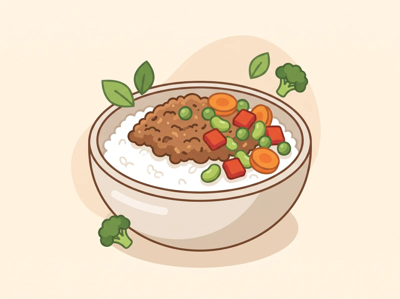Illustrated turkey veggie rice bowl with broccoli and carrots — a family-friendly dinner recipe