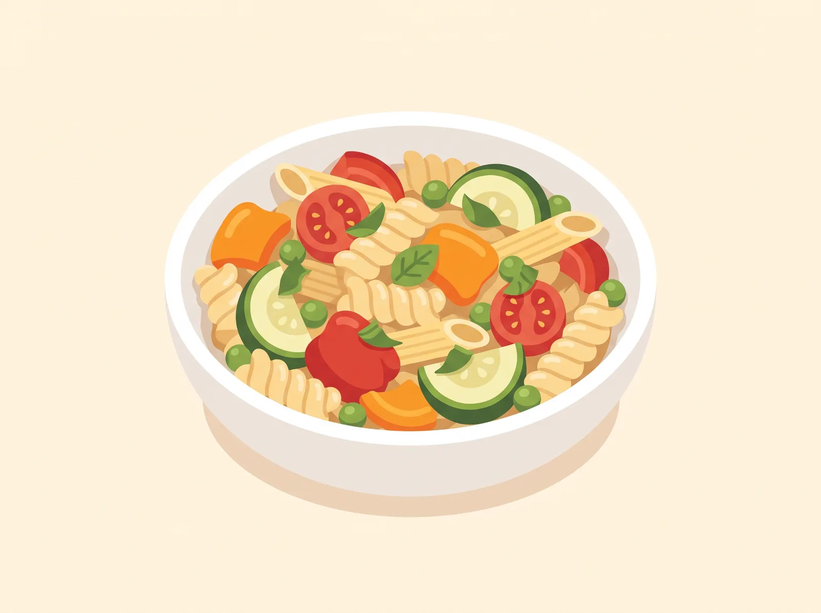 Illustrated veggie pasta primavera with broccoli, bell pepper, and cherry tomatoes — a family-friendly dinner recipe