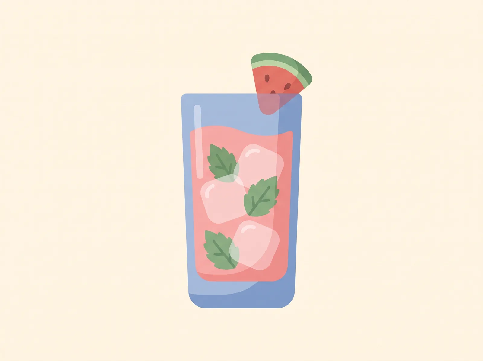 Illustrated watermelon mint cooler in a tall glass with ice — a family-friendly snack recipe